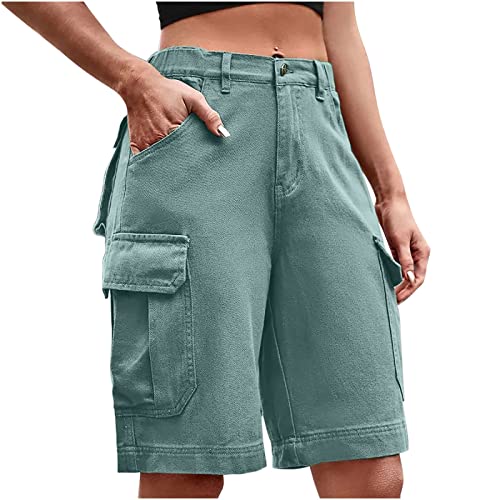 Asija Gang Jeans Damen Damen Shorts Knielang,Taschen Cargo Shorts Hoch Taillierte Jeansshorts Einfarbige Lässige Sommershorts Denim Kurze Hose Weites Bein Jeans-Shorts Bequeme Atmungsaktiv Bermuda von Asija