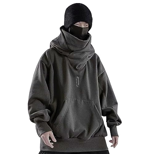 Asija Ninja Hoodie Herren Harajuku Pullover mit Kapuze Kapuzenpullover Hip Hop Schalkragen Rollkragenpullover Vintage Double Neckline Hoodie Oversized Fleece Sweatshirts Streetwear Pulli mit Kapuze von Asija