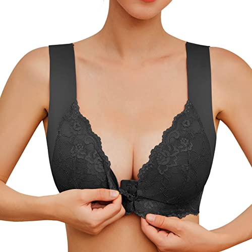 Asija Damen Übergröße BH Vorne Vollschalen Push Up Bra Plus Size Große Größen Ohne Bügel Bustier Gepolstert Nahtlos Klassische BH Komfort Schlaf BH Spitze Bralette Seamless BH Schwarz M von Asija