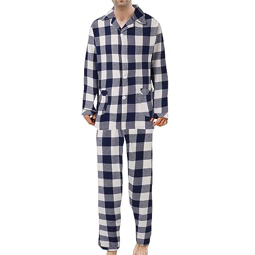 Asija SchlafanzüGe Für Herren Schlafanzug Herren Lang Baumwolle Pyjama Herren Nachtwäsche Set Rundhals Langarm Shirt und Pyjamahose Zweiteilig mit Tasche Herren Karierte Pyjama Set Shirt und Hose von Asija