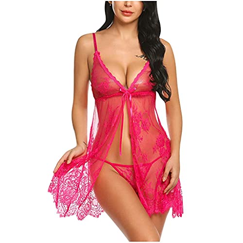 Asija Sexy Dessous Damen, Damen Dessous Kleid Lang Kimono Spitze Negligee Nachtwäsche Transparente Robe Set Cardigan mit Gürtel und G-String Bikini Cover up von Asija