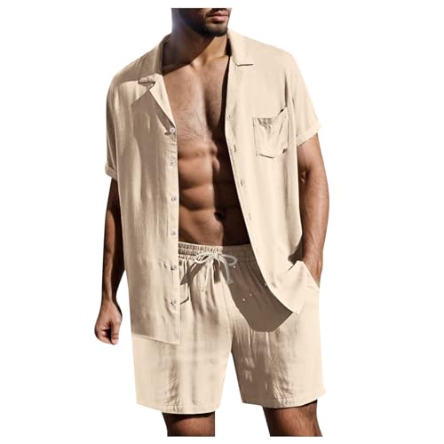 Asija Zweiteiler Herren Leinenanzug Sommer Einfarbig Freizeitanzug Kurzarm Revers Hemd Mit KnöPfen Kurze Strandmode Leicht Leinen Anzug FüR Urlaub Alltag mit Kordelzug mit frei einziehbarem Bund von Asija