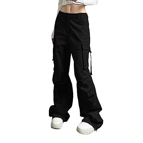 Damen Cargohose Sommer Straight Sweathose Elastische Bund Capri Hosen Schlaghose Sport Jogginghose Streatwear Taschen Fallschirmhosen Teenager Baggy Parachute Hose Y2K Lose Track Pants Breites Bein von Asija