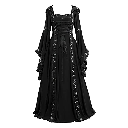 Halloween Gothic Kleid Damen Mittelalterkleid Trompetenärmel Bodenlanges Schnürkleid Mittelalterliche Kostüme Festlich Halloween Karneval Gothic Kleider Mittelalter Renaissance Lang Kleid Mittelalter von Asija