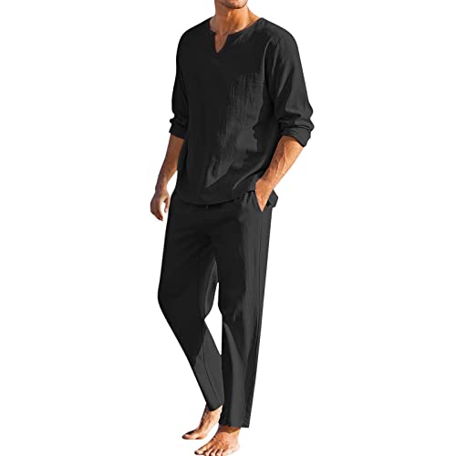 herren hausanzug Männer Stücke Sport Zweiteiliger Anzug Kurzes Pyjama-Set für Männer Baumwolle Leinen Set Henley Shirt Langarm und lässige Strandhose Sommer Yoga Outfits von Asija