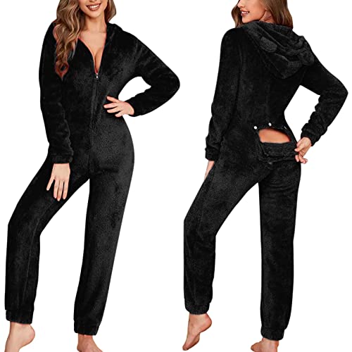 Asija Schlafanzug Damen Lang Jumpsuits für Damen mit Po Klappe Damen Schlanker Weihnachts Langarm Pyjama Reißverschluss Kapuzen Overall Pyjama 3D Ohr geknöpfte Klappe Funktionaler Flauschiger Rompe von Asija