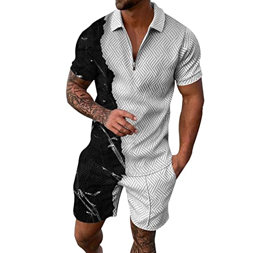 Trainingsanzug für Herren Sommer Print Reißverschluss Einfarbig 2-teilig Anzug Sportbekleidung Outfit Kurzarm Hemd Set Zweiteiler Jogginganzug Kurze Schlafanzug 285D Weste Anzug von Asija