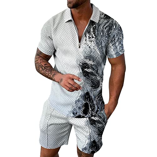 Trainingsanzug für Herren Sommer Print Reißverschluss Einfarbig 2-teilig Anzug Sportbekleidung Outfit Kurzarm Hemd Set Zweiteiler Jogginganzug Kurze Schlafanzug 3D Weste Anzug von Asija