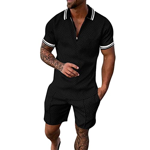 Trainingsanzug für Herren Sommer Sportanzug 2 Teiliges Outfit Sport Set Kurzarm T-Shirts Kurze Hose Männer Business Polo Hemd mit Revers Mode Sporthose Freizeitanzug von Asija