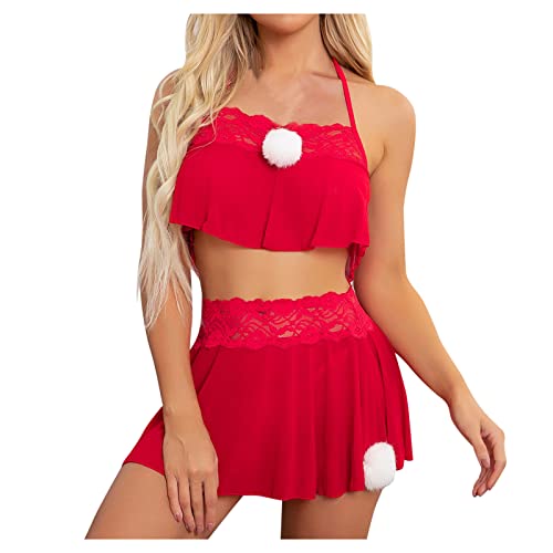 Weihnachten ReizwäSche Dessous Sexy Damen Weihnachten Lingerie Reizwäsche Dessous Set Sexy Festival Red Christmas Unterwäsche Damen Nachthemd Neck Plus-Size Nachtwäsche Frauen Flirty Lingerie Sexy von Asija