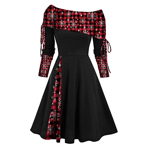 Weihnachtskleid Damen Große Größen Kleider Damen Lang Kleid Cabrio-Ausschnitt Cinched Striped Flare Herbst A Line Langarm Festlich Weihnachtskleid Damen Schulterfrei Festliches Kleid Patchwork S-2XL von Asija