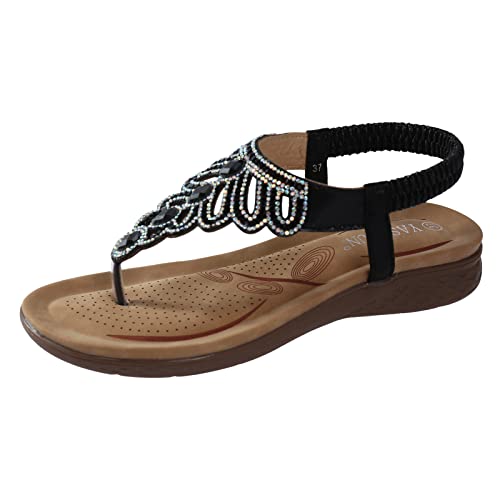 Flache Sandalen Damen Flip Flops Damen Glitzer Strass Schwarz Flache Sandalen Damen Sommer Flach Glitzer Flip Flops Sommerschuhe Strasssteine T-Riemen Strandsandalen Offene Zehe Elegant Sommerschuhe von Asija