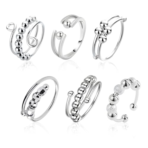 6 Stück Anxiety Ring Fidget Anti Stress Worry Ring Mit Kugeln Gegen Stress Ringe Zum Drehen Spinner Damen Zappelringe Offen Und Einstellbar, Lindert Stress Und Angst von Asitanie