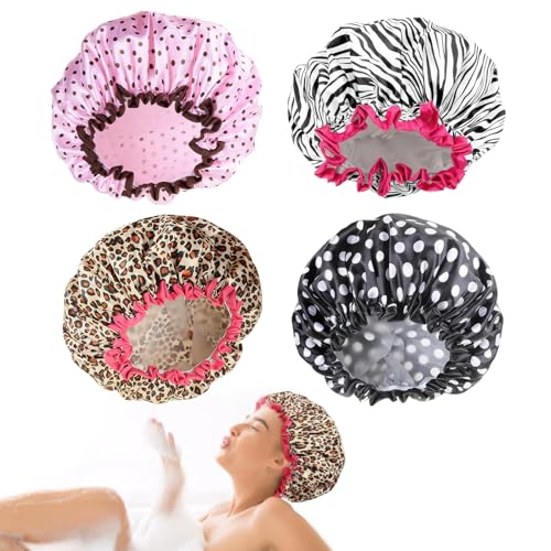 Duschhaube Damen 4 Stück Shower Cap Wasserdicht und Wiederverwendbar Duschhauben mit Gummiband,Doppellagiges Gewebe,für Mädchen und Frauen (Schwarze Punkte,Rosa Punkte,Leopardenmuster,Zebramuster) von Asitanie