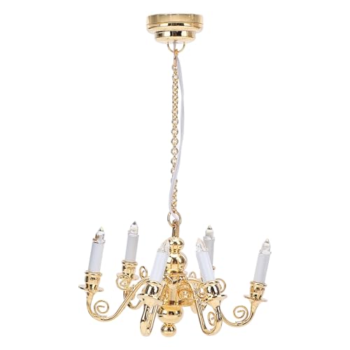1:12 Puppenhaus-Kronleuchter, 6,6 cm 6 Köpfe Moderner Kronleuchter Miniatur-Puppenhaus LED-Deckenleuchte Puppenhaus-Zubehör, Entfernen (Gold) von Asixxsix