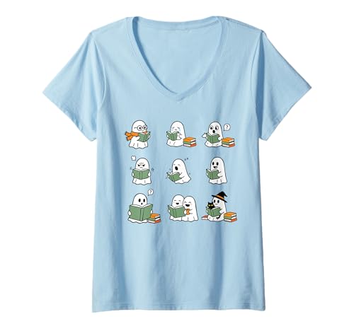 Damen Geister lesen Bücher Liebhaber-Bücher Halloween-Lesung T-Shirt mit V-Ausschnitt Damen Geister lesen Bücher Liebhaber-Bücher Halloween-Lesung T-Shirt mit V-Ausschnitt von Ask Me About My Ghost Book