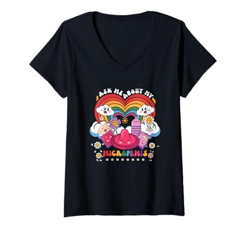 Damen Fragen Sie mich nach meinem Mikropenis Funny Inappropriate Groovy Retro T-Shirt mit V-Ausschnitt Damen Fragen Sie mich nach meinem Mikropenis Funny Inappropriate Groovy Retro T-Shirt mit V-Ausschnitt von Ask Me About My Micropenis Inappropriate