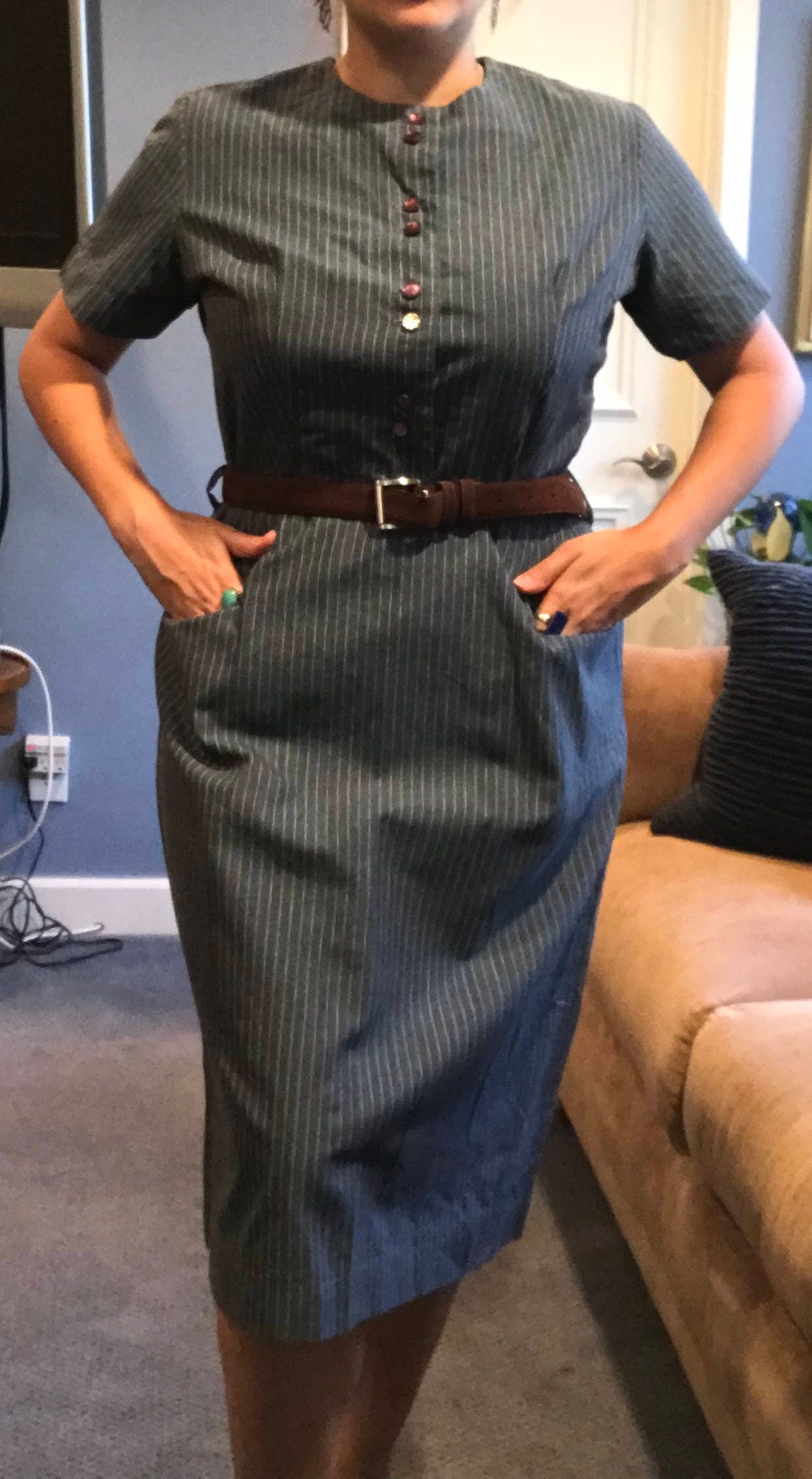 Vtg. 1960Er Blau/Grau Nadelstreifen Rayon Kleid L/xl von AskTheDustVintage