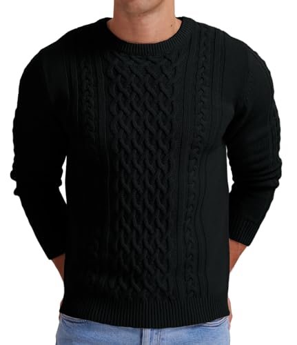 Askdeer Herren Fisherman Cable Crewneck Sweater Winter Casual Sweater für Männer Strickpullover Pullover Pullover mit Rippkante, A01 Schwarz, X-Groß von Askdeer