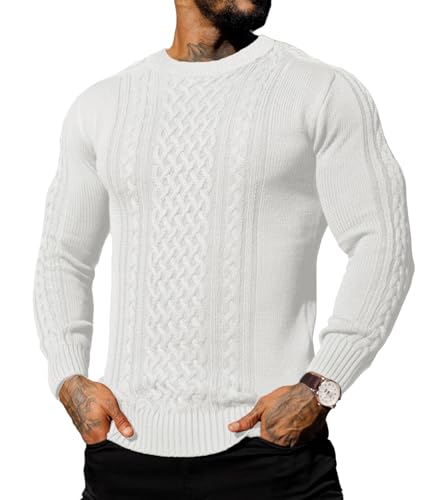 Askdeer Herren-Pullover, Fischer, Zopfmuster, Rundhalsausschnitt, Winter, lässig, Strickpullover mit Ripprand, A03 Weiß, XX-Large von Askdeer