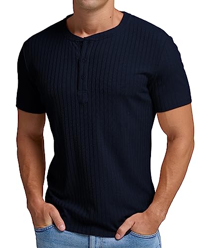 Askdeer Herren Henley Shirts Kurzarm Klassisch Slim Fit Casual T-Shirt, A05 Marineblau, L von Askdeer