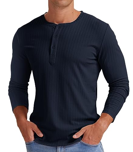 Askdeer Herren Henley Shirts Langarm Classic Slim Fit Freizeithemd Stretch mit Knopfleiste vorne, B05 Marineblau, L von Askdeer