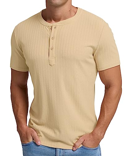 Askdeer Herren Henley Shirts Kurzarm Klassisch Slim Fit Casual T-Shirt, A09 Khaki, XL von Askdeer