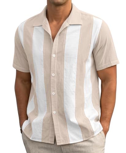Askdeer Herren-T-Shirt, Leinen, kurzärmelig, lässig, Button-Down-Shirt, Sommer, Strand, Kuba, A05 Linen White, L von Askdeer