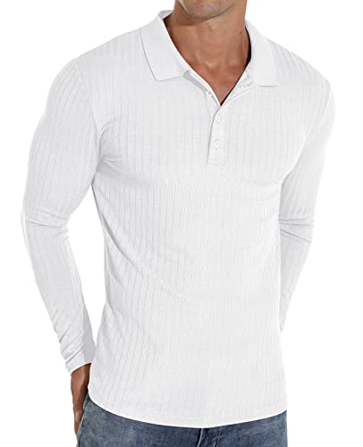 Askdeer Herren Poloshirts Langarm Slim Fit Klassisch Weich Stretch Freizeithemden für die Arbeit, B02 Weiß, Mittel von Askdeer