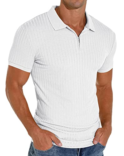 Askdeer Herren-Poloshirts mit Reißverschluss, klassisch, Stretch, schmale Passform, T-Shirt, Freizeit und Arbeit, B02 Weiß, L von Askdeer