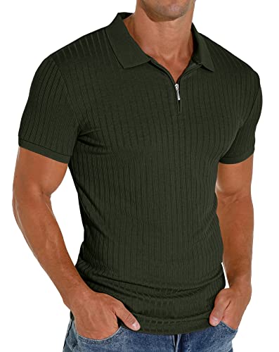 Askdeer Herren-Poloshirts mit Reißverschluss, klassisch, Stretch, schmale Passform, T-Shirt, Freizeit und Arbeit, B04 Dunkelgrün, Mittel von Askdeer