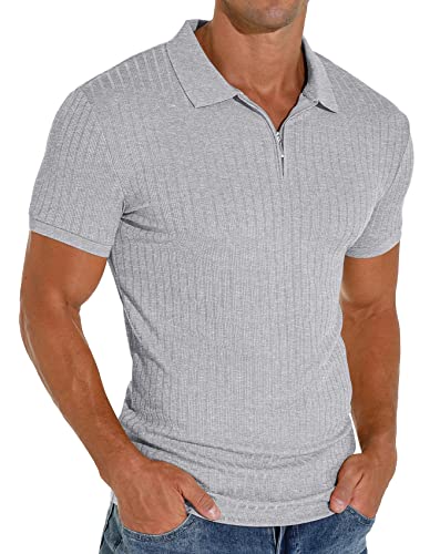 Askdeer Herren-Poloshirts mit Reißverschluss, klassisch, Stretch, schmale Passform, T-Shirt, Freizeit und Arbeit, B06 Gray, Mittel von Askdeer