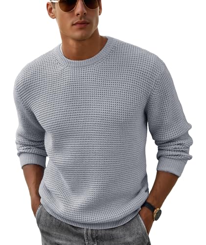 Askdeer Herren-Pullover mit Rundhalsausschnitt, Waffelstruktur, langärmelig, lässiger Strickpullover, A02 Grau, X-Groß von Askdeer