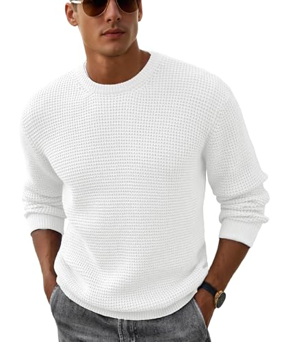 Askdeer Herren-Pullover mit Rundhalsausschnitt, Waffelstruktur, langärmelig, lässiger Strickpullover, A07 Weiß, X-Groß von Askdeer