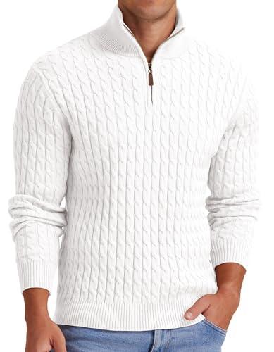 Askdeer Herren-Pullover mit Viertelreißverschluss, Zopfmuster, Stehkragen, Polopullover, weich, lässig, mit Ripprand, A03 Weiß, Groß Askdeer Herren-Pullover mit Viertelreißverschluss, Zopfmuster, Stehkragen, Polopullover, weich, lässig, mit Ripprand, A03 Weiß, Groß von Askdeer