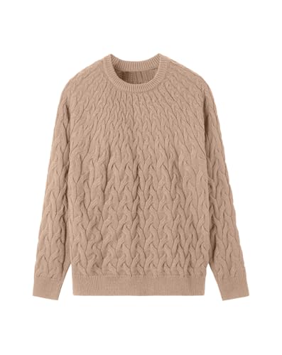 Askdeer Herren-Pullover mit Rundhalsausschnitt, Zopfmuster, langärmelig, lässig, weich, Strickpullover mit Ripprand, B02 Khaki, Klein von Askdeer