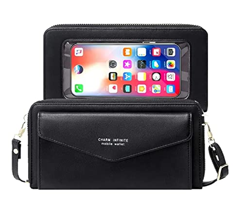 Kunstleder-Umhängetasche für Damen, RFID-blockierend, Touchscreen-Brieftasche, Schulterhandtasche mit transparentem Handyfenster, A01 Schwarz von Aslana
