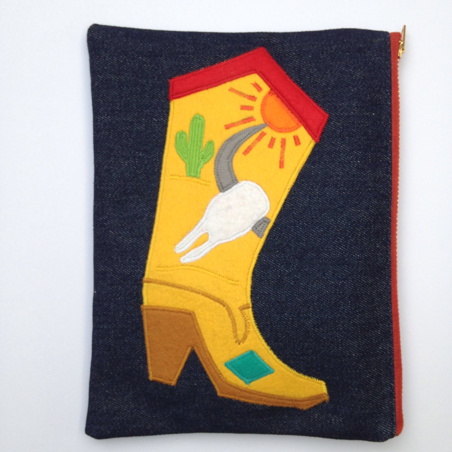 40Er 50Er Jahre Inspiriert Jeans Clutch-Tasche Geldbörse Cowboy-stiefel, Westliche Abnutzung, Kakteen, Schädel, Neuheit, Filz Applikation von Asliceofcherrypie