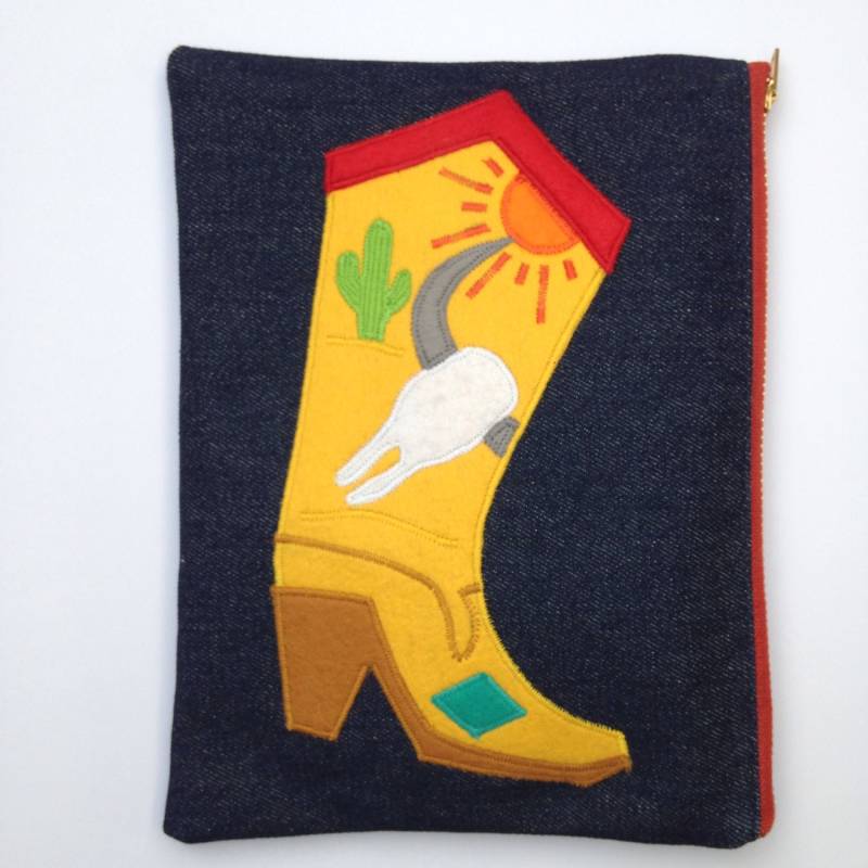 40Er 50Er Jahre Inspiriert Jeans Clutch-Tasche Geldbörse Cowboy-stiefel, Westliche Abnutzung, Kakteen, Schädel, Neuheit, Filz Applikation von Asliceofcherrypie