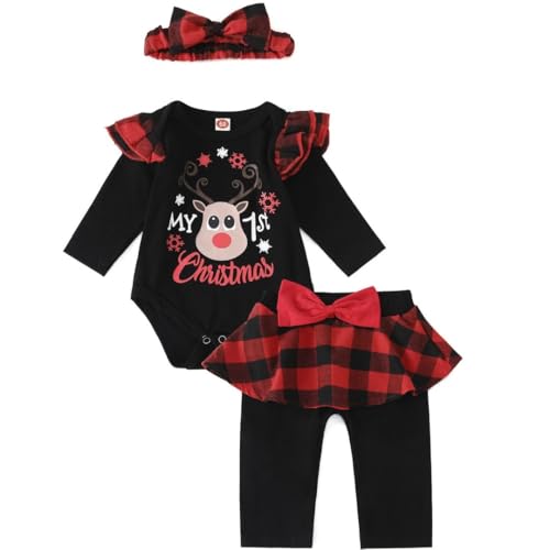 Asmea Baby Weihnachtsoutfit Mädchen My First Christmas Outfit Neugeborene Weihnachten Kleidung Weihnachten Baby Outfit Neugeborenen Set Weihnachtskleidung Baby Strampler+Hose+Stirnband 12-18 Monate von Asmea