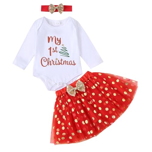 Asmea Baby Weihnachtsoutfit Mädchen My First Christmas Outfit Neugeborene Weihnachten Kleidung Weihnachten Baby Outfit Neugeborenen Set Weihnachtskleidung Baby Strampler+Tutu+Stirnband 12-18 Monate von Asmea