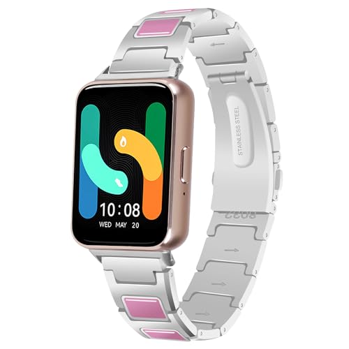 Ersatz-Armband für Galaxy Fit 3, Metall, Faltschnalle, kompatibel mit Samsung Galaxy Fit 3 SM-R390 Smartwatch, verstellbares Armband für Galaxy Fit 3, für Damen und Herren, Silber/Rosa von AsohsEN