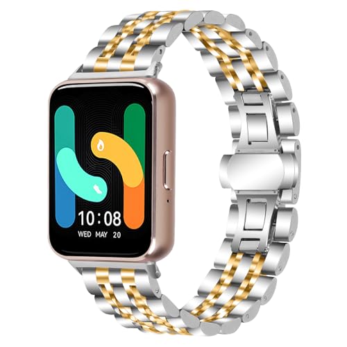 Ersatzbänder für Galaxy Fit 3, Faltschließe, Metallarmband, kompatibel mit Samsung Galaxy Fit 3 SM-R390 Smartwatch, verstellbares Armband für Galaxy Fit 3, Damen und Herren, Silber/Gold von AsohsEN