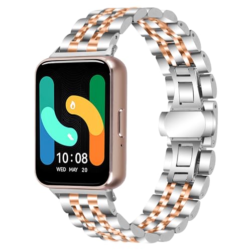 Ersatzbänder für Galaxy Fit 3, Faltschließe, Metallarmband, kompatibel mit Samsung Galaxy Fit 3 SM-R390 Smartwatch, verstellbares Armband für Galaxy Fit 3, Damen und Herren, Silber/Roségold von AsohsEN