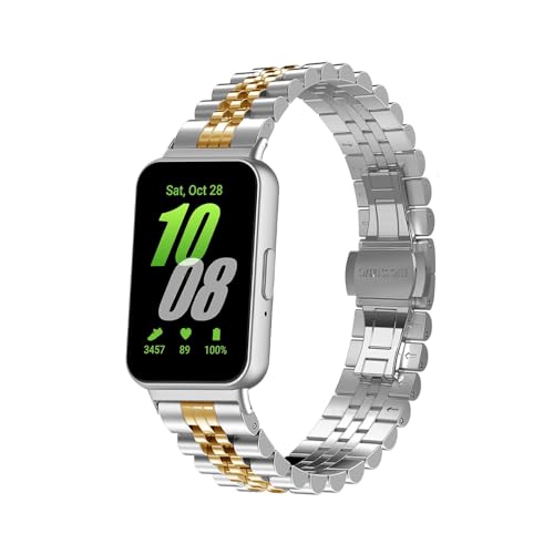 Ersatzbänder für Galaxy Fit 3, einziehbarer Clip, Metall, kompatibel mit Samsung Galaxy Fit 3 SM-R390 Smartwatch, verstellbares Armband für Galaxy Fit 3, Damen und Herren, Silber/Gold von AsohsEN