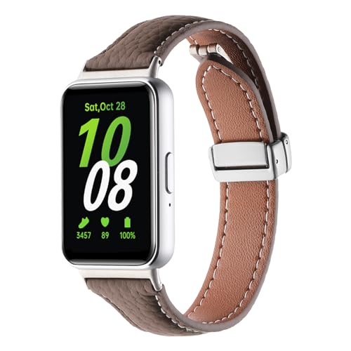 Ersatzbänder für Galaxy Fit 3, weiches Leder, Klappschnalle, kompatibel mit Samsung Galaxy Fit 3 SM-R390 Smartwatch, verstellbares Armband für Galaxy Fit 3, Damen und Herren, Kaffeebraun von AsohsEN