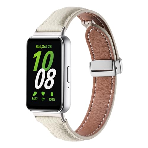 Ersatzbänder für Galaxy Fit 3, weiches Leder, Klappschnalle, kompatibel mit Samsung Galaxy Fit 3 SM-R390 Smartwatch, verstellbares Armband für Galaxy Fit 3, Damen und Herren, Weiß von AsohsEN