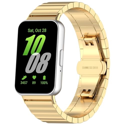 Galaxy Fit 3 Armbänder, Edelstahl, Metall, Sportbänder, kompatibel mit Samsung Galaxy Fit 3 SM-R390 Smartwatch, verstellbares Uhrenarmband für Galaxy Fit 3, Damen und Herren, goldfarben von AsohsEN