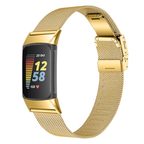 Kompatibel mit Fitbit Charge 6 Armband für Damen und Herren, Edelstahl, Metall, Ersatz-Sport- und Fitness-Armband, kompatibel mit Fitbit Charge 5, für Damen und Herren (Gold) von AsohsEN