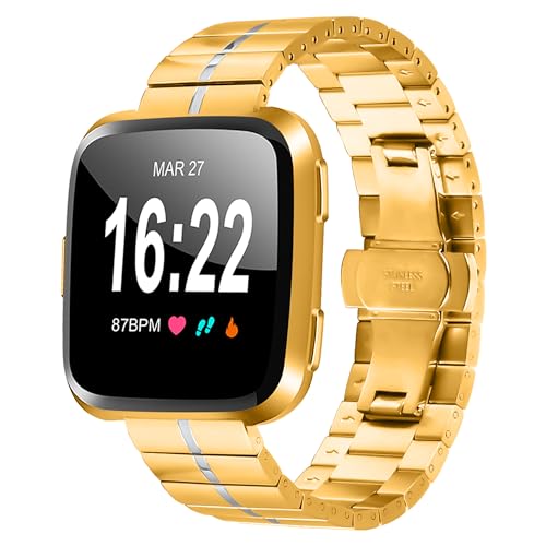 Kompatibel mit Fitbit Versa 2 & Versa Lite-Armband, für Damen und Herren, Edelstahl, Metall, Ersatz-Sport- und Fitnessuhr, kompatibel mit Fitbit Versa, Armbänder für Damen und Herren (Gold/Silber) von AsohsEN